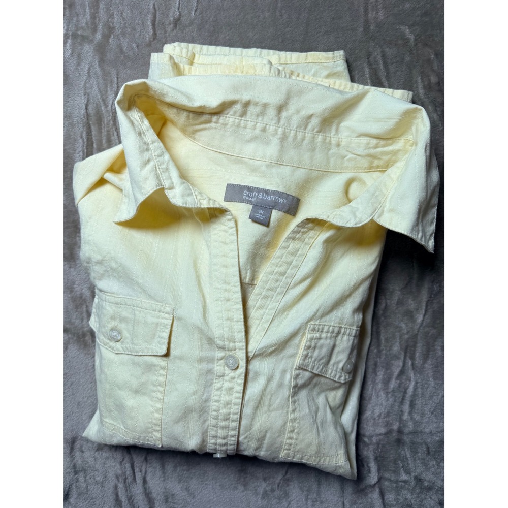 Croft & Barrow Womens 1X Yellow Button Down 3/4 Sleeve Shirt Cotton Summer